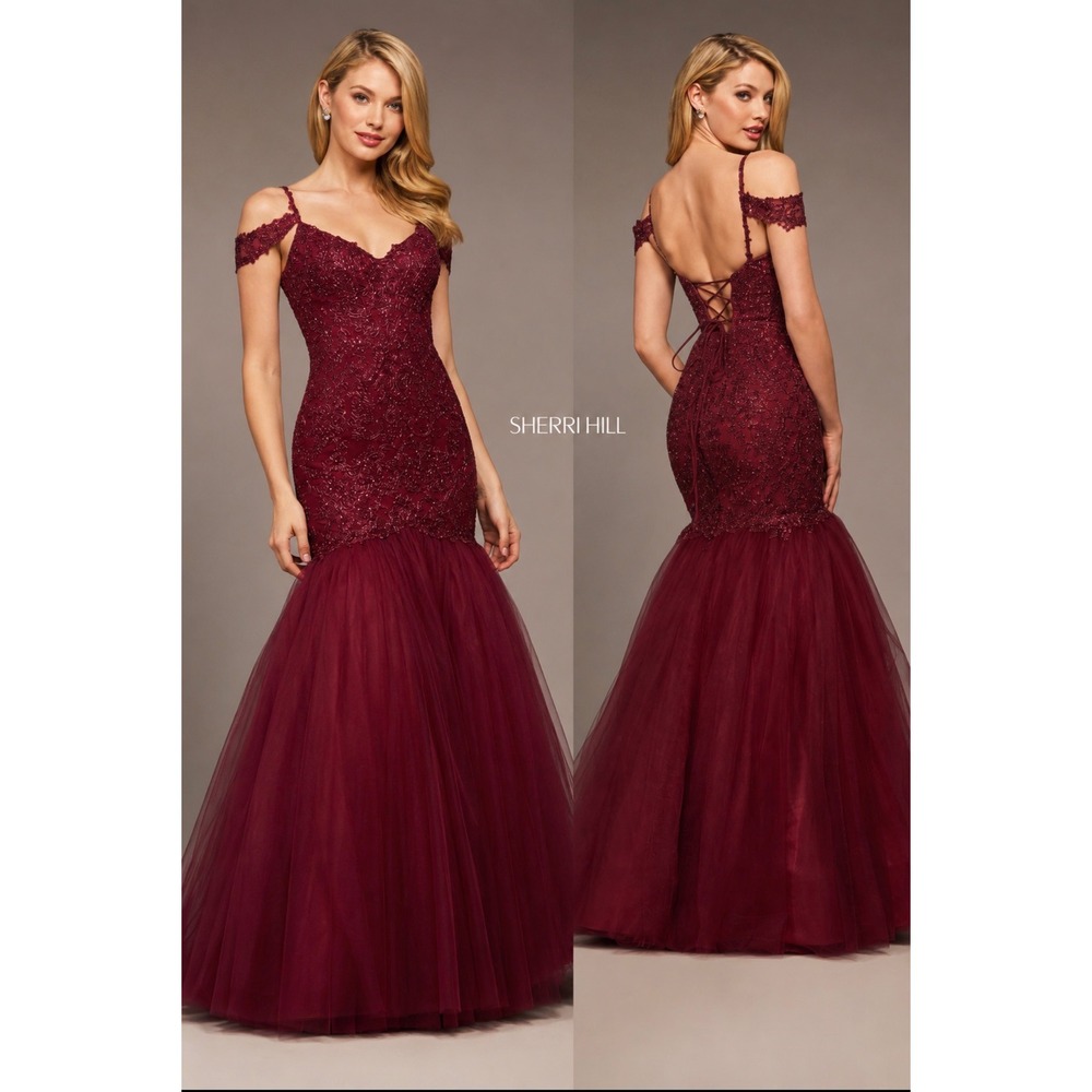 Sherri Hill 53140 Wine Lace & Tulle Mermaid Gown Size 8 NWT